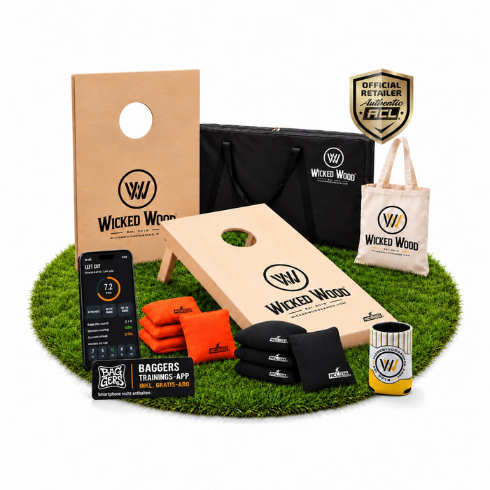 Cornhole Starter Bundle 90x60 – Tavole, borsa da trasporto, tote bag e koozie – Wicked Wood Games