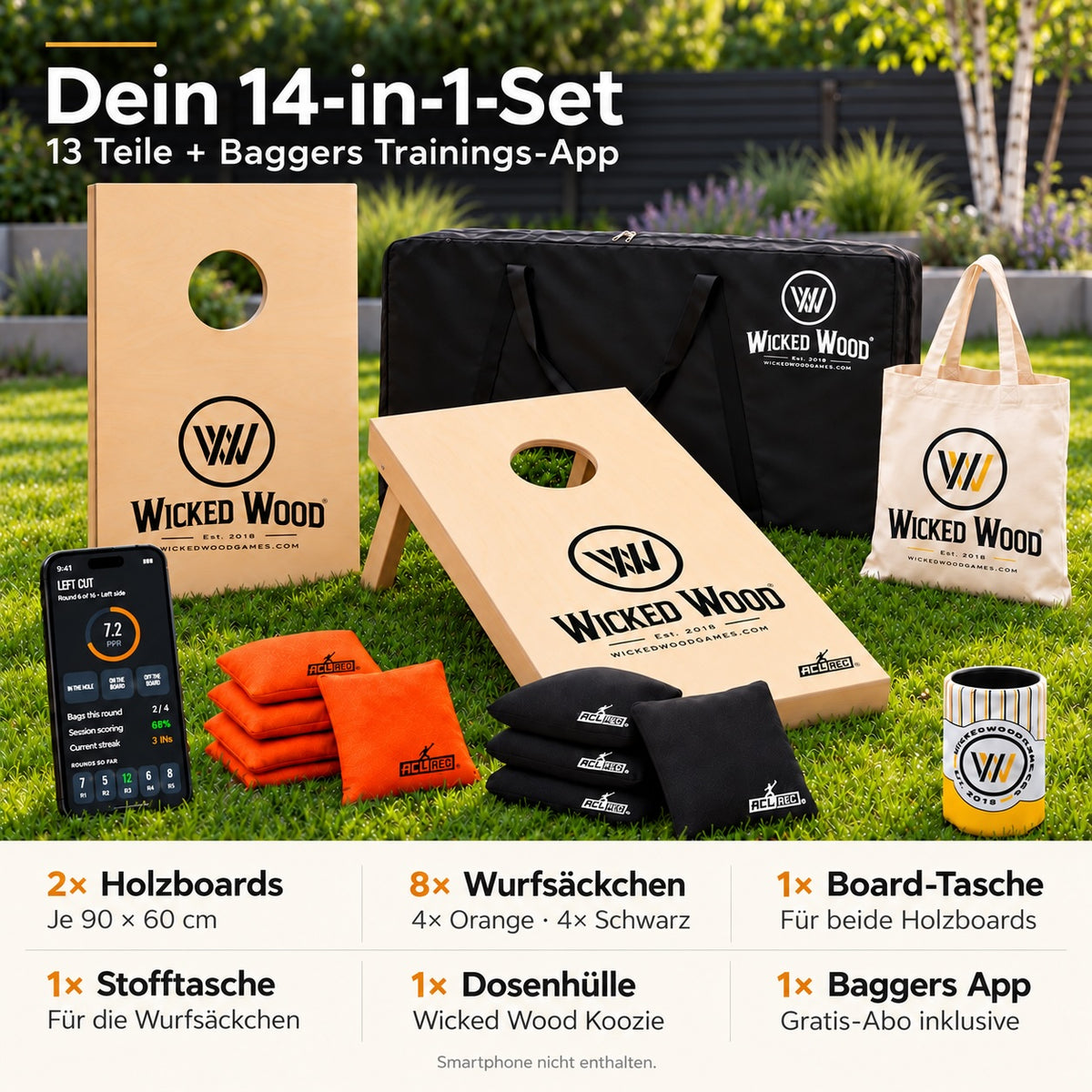 Cornhole Starter Bundle 90x60 – Tavole verniciate, borsa da trasporto, tote bag e koozie – Wicked Wood Games