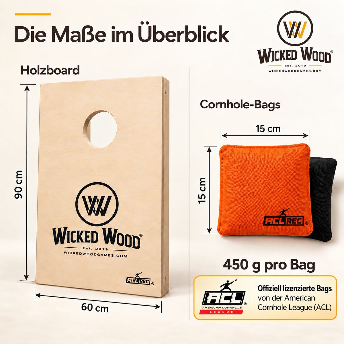 Cornhole Starter Bundle 90x60 – Tavole verniciate, borsa da trasporto, tote bag e koozie – Wicked Wood Games